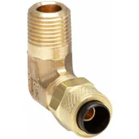 Brass compression fitting elbow with creep-resistant, self-aligning design. Connects 1/4 in OD tubing to 1/8 in male NPT threaded port. Suitable for pneumatic, hydraulic, and instrumentation systems requiring leak-free connections. Sold in a 10-pack