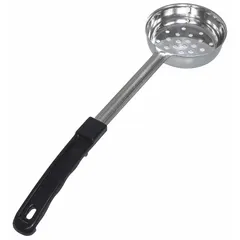 This 6 oz capacity portion control spoon is made of stainless steel with a perforated bowl and black finish. The 14 in overall length allows for use in deep containers. Suitable for consistent serving sizes in commercial food preparation.