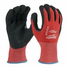 These light-duty cut-resistant gloves feature a nitrile palm dip on 15-gauge nylon knit, rated ANSI Cut Level A2. They are touchscreen compatible, include a reinforced thumb crotch, and are suitable for assembly, material handling, and general maintenance tasks. Sold in a 12-pack, left and right hand style, knit color red.