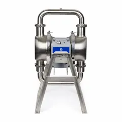 This GRACO electric diaphragm pump is 3-A certified for sanitary fluid transfer. It features a 2-inch port size, 29 ft maximum head, and operates on three-phase 200-240V AC power. Key materials include a 316 SS seat, PTFE check valves, and PTFE diaphragms with EPDM backing, with a 32 Ra surface roughness.