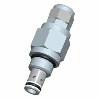Steel screw-in cartridge valve with screwdriver adjustment. Designed for C08-20 cavity size and fitted with nitrile seals. Used in hydraulic systems for pressure regulation in mobile and industrial equipment