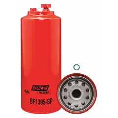 Spin-on fuel filter with cellulose media, 4 5/16 in outside diameter, and 1"-14 thread size. Includes a 1/2-20 sensor port thread. Used in diesel engine fuel systems for buses and heavy-duty trucks.