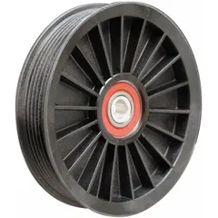 This DAYCO idler pulley is a serpentine, ribbed pulley with a flanged flange, designed for light-duty vehicle accessory drive systems. It features 6 grooves and is constructed from polymer material. The pulley guides and tensions the serpentine belt to ensure proper operation of engine components such as alternators and water pumps.