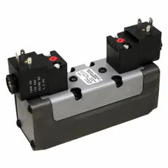 This AVENTICS CERAM directional control valve features a double solenoid, five-way/three-position configuration with internal pilot and detent mechanism. It is non-locking and includes exhaust functionality, operating on 110V AC electrical supply. Suitable for pneumatic actuator control in industrial automation systems.