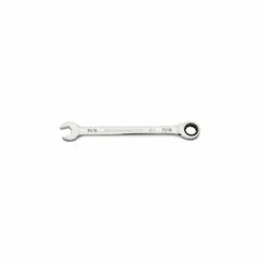 Alloy steel construction with full polish chrome finish. SAE 12-point ratcheting box end for fastener engagement without repositioning. 11/16 in head size. Suitable for tightening and loosening fasteners in mechanical assembly and maintenance tasks.