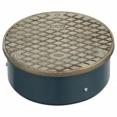 This cast iron cleanout housing provides floor-level access to drain lines for inspection and cleaning. It features a nickel finish and includes adjusting screws for installation. Suitable for commercial and industrial plumbing systems.