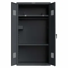 Steel locker with ventilated construction, includes footlocker, 2 shelves, and 3 compartments. Suitable for storage of gear and equipment in industrial or institutional settings.