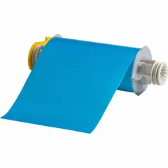 Continuous label roll for on-demand industrial labeling. Polyester construction with light blue gloss finish rated for outdoor use. Compatible with PowerMark printer series. Used for equipment identification, pipe marking, and safety signage.