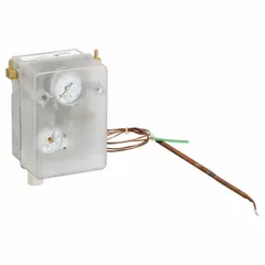 Pneumatic thermostat with remote-bulb sensor for temperature control from 0°F to 300°F. Features direct and reverse action, 2-pipe high-volume air flow output, vertical mounting, and 40 ft capillary length. Suitable for HVAC systems, industrial ovens, and process equipment requiring pneumatic regulation.