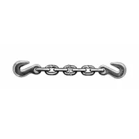 This LIFT-ALL straight chain is made of high-carbon steel with welded straight links. It has an overall length of 20 ft, weighs 0.94 lb per foot, and includes a grab hook. Designed for tie-down applications such as securing cargo during transport; not for lifting