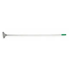 Floor scraper with a stiff, bent spring steel blade and an aluminum/zinc handle. Designed for removing floor coverings, adhesives, and stubborn residues from hard surfaces in commercial and industrial settings.