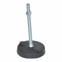 This swivel male leveling mount features a 3.15 in round, zinc-plated base and a 3/8"-16 threaded stud. Rated for 5,000 lbf load capacity, it is used for leveling and supporting machinery, conveyors, and workstations on uneven floors. Mounting holes are not included