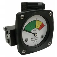 Static pressure type differential pressure indicator with switch. Accuracy ±5% of full scale. Viton sensor, aluminum housing. Three-color transition points: green (0-5 psid), yellow (5-7 psid), red (7-10 psid). Used to monitor differential pressure in fluid systems such as filtration and pumping