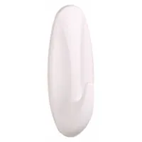 White adhesive-backed utility hook with a single point, rated for 5 lb. Overall height 4 in, width 1 1/2 in. Suitable for hanging lightweight items on smooth surfaces in residential or commercial settings