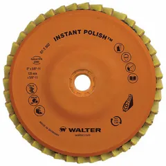 This Type 27 surface-conditioning flap disc is designed for polishing all metals. It removes light surface imperfections and leaves a fine finish. The disc measures 4-1/2" diameter with a 5/8"-11 connector size, made of aluminum oxide with a plastic backing. It is graded as Polish and belongs to the Instant Polish series.