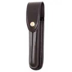 This black leather flashlight pouch features a basket weave pattern and snap closure. It is designed to be worn on a belt or gear for secure carry and quick access. Suitable for law enforcement, security, and industrial use.