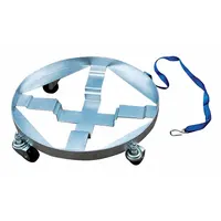 This drum dolly is designed for moving round containers from 5 gal to 55 gal. It features a multi-tier cross-brace frame with a support ring for stability and four swivel casters for easy maneuverability. Load capacity is 900 lb