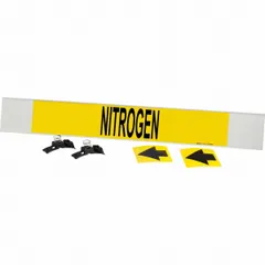 Yellow fiberglass pipe marker with black legend reading 'Nitrogen' and directional arrows. Fits pipe O.D. 8 in and larger. Includes strapping for mounting. Used to identify nitrogen piping in industrial facilities.