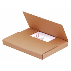 Corrugated cardboard mailer with single-wall construction and ECT-32-B rating. Inside dimensions 11 3/4 x 10.5 x 2.5 in. Kraft color. Easy-fold closure for quick assembly. Suitable for shipping documents, small parts, or lightweight goods.