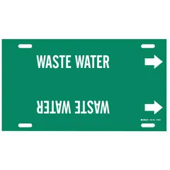 Green strap-on pipe marker with white legend reading 'Waste Water' and directional arrows. Fits pipe outer diameters of 10 to 15 inches. Used to identify waste water lines in piping systems, indicating flow direction for safety and maintenance.