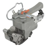 Pneumatic combination tool for polyester strapping, integrating tensioning, sealing, and cutting functions. Uses friction weld joint for flat seal surfaces. Compatible with strap widths from 1/2 in to 3/4 in. Tool weight is 8 lb