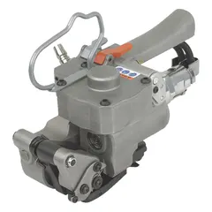 Pneumatic combination tool for polyester strapping, integrating tensioning, sealing, and cutting functions. Uses friction weld joint for flat seal surfaces. Compatible with strap widths from 1/2 in to 3/4 in. Tool weight is 8 lb.