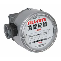 Mechanical flowmeter with 4-digit display and nutating disc totalizer for measuring fuel transfer volumes. Aluminum body with Buna-N seals and O-rings, accuracy +/-2%, standard frequency pulse output, measures in liters. Suitable for E100, E85, and solvents.