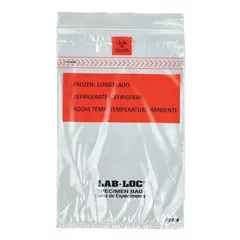 Clear LDPE dual pouch specimen transfer bag with zipper closure and Biohazard legend. 1.75 mil thickness, 9 in overall height. Pack of 1000. Used for containment and transport of biological samples in laboratory settings.