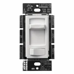 Single-slide fan speed control for universal ceiling paddle fans. SPDT switch rated 1.5 A at 120V AC. White plate. Not reversible. Used in residential and light-commercial HVAC ventilation systems.