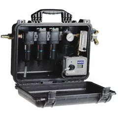 Portable filtration panel for supplied-air respirator systems. Supports up to 4 users with 60 cfm air flow at 150 psi max pressure. Features 1/2 in Hansen fittings, AC power, and an adjustable knob. Suitable for industrial environments requiring clean breathable air.