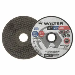 This cut-off wheel from the ZIP ONE series is designed for high-performance cutting of carbon and stainless steel. The Type 1 wheel measures 5 inches in diameter, 1/32 inch in thickness, with a 7/8 inch arbor hole, and is made of zirconia alumina. It is suitable for use in metal fabrication, maintenance, and repair applications.