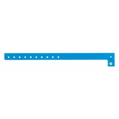 Plastic security wristband in blue, 10 inches overall length and 5/8 inch overall width. Blank legend allows custom marking. Supplied in a 500-pack for access control, event management, and patient identification.