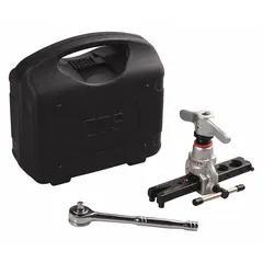 This flaring tool kit is designed for creating single 45-degree flares on 3/4 in aluminum or copper tubing. It includes a drive ratchet and is supplied in a carrying case. Suitable for use in HVAC, refrigeration, and plumbing applications requiring leak-proof flare connections.