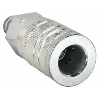 This steel quick-connect air coupling body features a 3/8 in male hose fitting with sleeve locking type. Designed for industrial interchange pneumatic systems, it is used to connect air tools, hoses, and compressors in compressed air applications