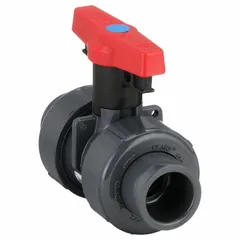 This manual two-way ball valve is made of PVC with a straight body and socket x FNPT connections. It features a locking tee handle and is rated for a maximum working pressure of 235 psi (CWP). Suitable for use in PVC piping systems to control fluid flow in applications such as water treatment, chemical processing, and irrigation.