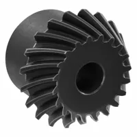 Spiral bevel gear with 20 teeth, module 1.5, gear ratio 2, and left-hand spiral direction. Made of black oxide-coated steel with induction-hardened teeth. Used for right-angle power transmission in industrial machinery and automation systems