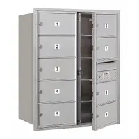 Horizontal multi-unit mailbox with 9 lockable doors, designed for recessed mounting. Dimensions: 37 7/8 in H x 31 1/8 in W x 16 1/2 in D. Provides front-access mail distribution for multiple tenants in commercial or residential buildings