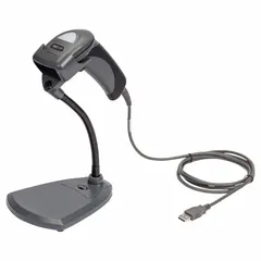 This corded barcode scanner reads 1D and 2D barcodes on labels, tags, and packaging. It connects via USB and includes a stand and scanner base. A scanner cable is required and sold separately. Typical applications include inventory management, point-of-sale, and asset tracking in industrial, retail, and hospitality settings.