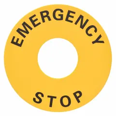 Round legend plate for 22 mm panel mounting, designed for OMRON Series A22 push-button stations. Features a yellow Emergency Stop legend in English. Overall diameter 2 3/8 in. Used to identify emergency stop functions in industrial control panels and machinery.