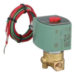 This REDHAT solenoid valve is a 2-way, 2-position normally closed type with high flow capacity. It has a 1/8 in pipe size and operates on 120V AC (120/60, 110/50). Suitable for on/off control of water, air, and light oil in industrial fluid systems.