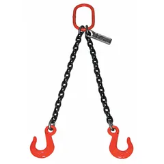 Grade-100 double-leg chain sling with 9/32 in chain trade size. Constructed from alloy steel with sling hooks on both ends. Used for lifting and rigging heavy loads in industrial settings such as construction, manufacturing, and warehousing. The two-leg design provides balanced load distribution for hoisting machinery, steel beams, and other bulky materials.