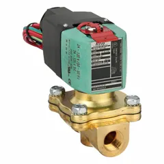 This REDHAT solenoid valve is a 2-way, 2-position normally closed valve with a 3/8 in pipe size. It operates on 24 to 120V AC/DC and features a watertight coil enclosure suitable for outdoor or washdown environments. Commonly used to control the flow of liquids or gases in industrial automation, irrigation, and process control systems.