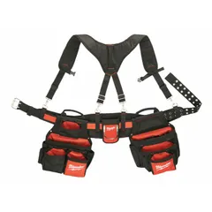 This padded tool rig from MILWAUKEE is designed for general-purpose use, featuring a black belt with an adjustable waist size from 30 to 53 inches. It includes 24 pockets for organizing tools and accessories, suitable for jobsites, workshops, and field service.