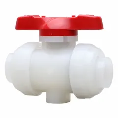 PVDF ball valve with 3/4 inch socket x socket connections and a tee handle. Rated for a maximum working pressure of 150 psi (CWP). Suitable for on-off or redirecting flow in piping systems handling corrosive or high-purity fluids.