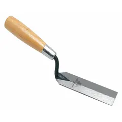 Square-blade margin trowel with a 2-inch wide, flexible carbon steel blade and wood handle. Used for spreading and finishing mortar in masonry work, particularly in tight corners and along edges.