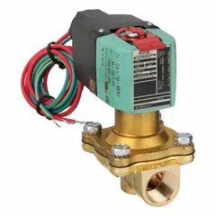 This 2-way/2-position normally open solenoid valve has a 1/2 in pipe size and operates on 24 to 120V AC/DC. The watertight enclosure allows use in outdoor or washdown environments. It is suitable for controlling the flow of liquids or gases in industrial systems.