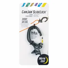 Rope tightener with integrated carabiner lock for quick attachment and tensioning. Compatible with ropes 2 mm to 5 mm in diameter. Constructed of cast aluminum with a black finish. Used for securing loads, tarps, and camping gear.