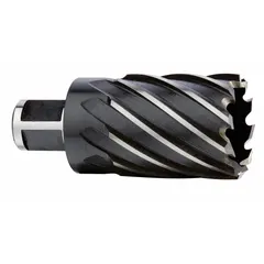 This high-speed steel annular cutter with black oxide finish is designed for general cutting applications in ferrous materials using magnetic drill presses. It features a 1-5/16 in cutter diameter and 2 in maximum cutting depth, with a Weldon Flat shank for secure mounting. Not intended for coolant-fed use.