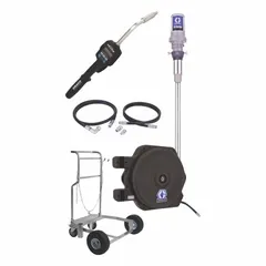 This mobile drum pump package is designed for 55-gallon drums and features a 5:1 pressure ratio. It includes a cart-mounted reel with NPT connections for convenient fluid transfer and dispensing in industrial settings.