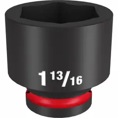 This 3/4" drive impact socket features a 1-13/16" SAE hex size with a 6-point configuration for reduced fastener rounding. Designed for use with impact tools in heavy-duty fastening and loosening applications. Black Phosphate finish provides corrosion resistance.